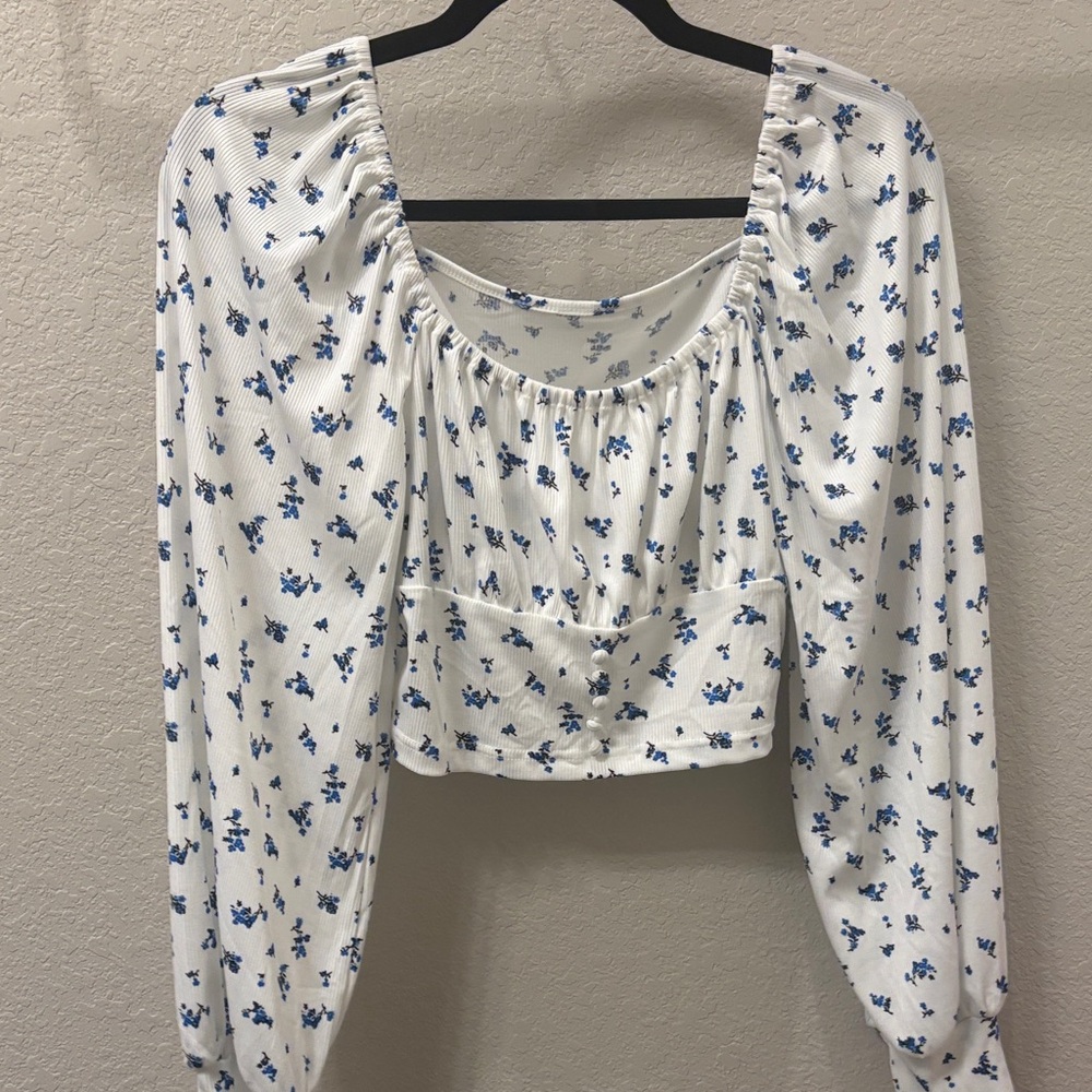 Floral Print White and Blue Women's Top